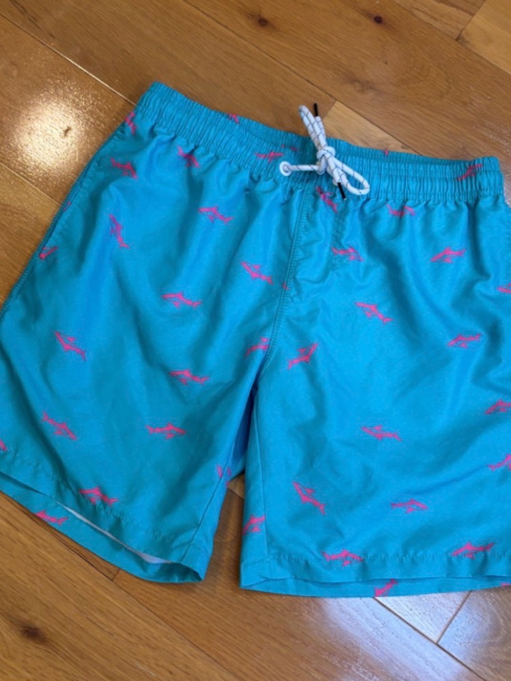 Turquoise Men’s M Fully Lined Swim Trunks with Pink Embroidered Sharks